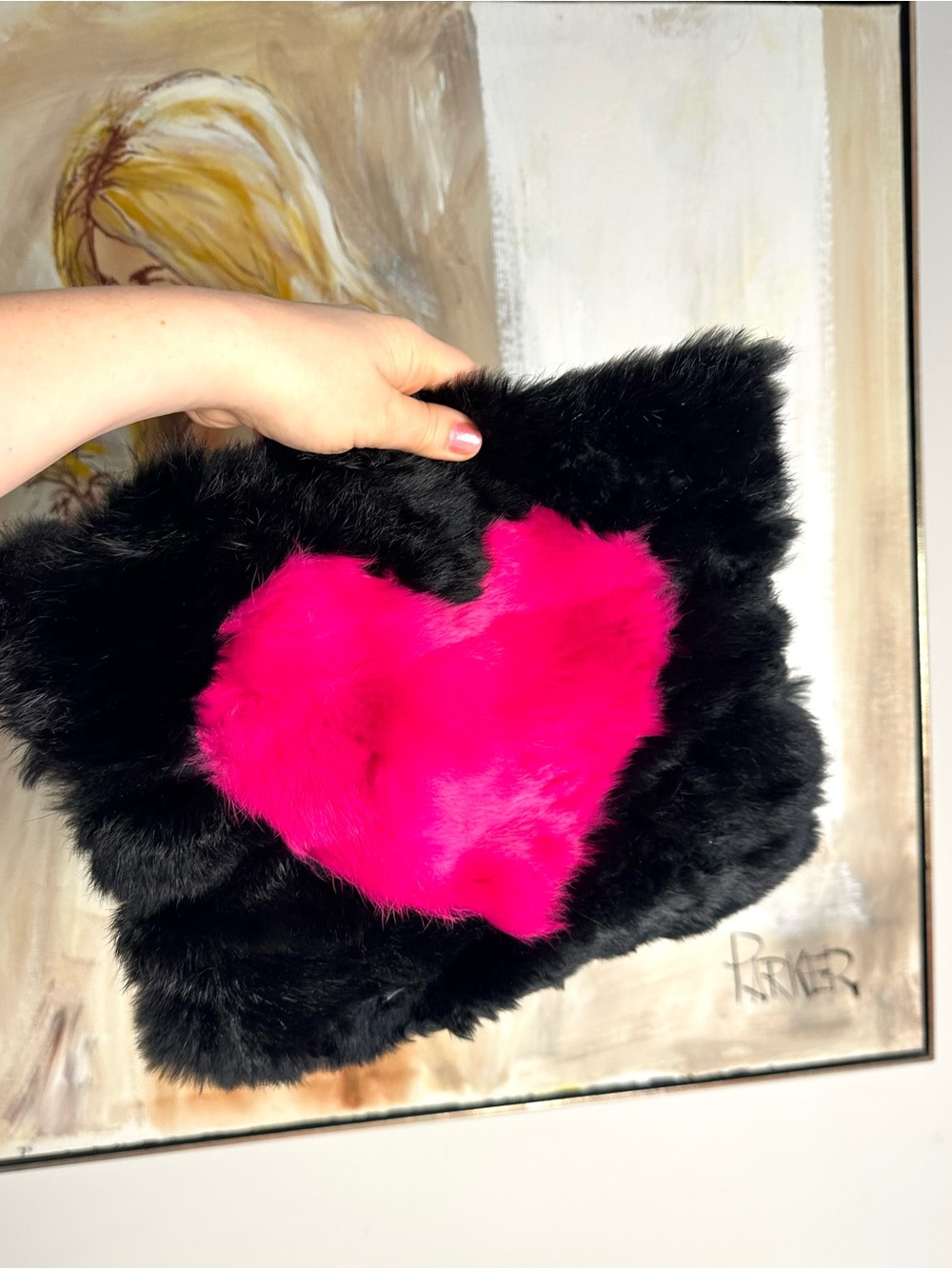 Nicole Manek Rabbit Fur & Leather Heart Clutch Made in Canada